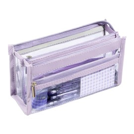 LINGJIA Pencil Case, Pencil Case, Stationery Case, Three Layer Large Capacity Case, Transparent Pencil Case, Stationery Storage Bag, School Supplies, for Boys, Girls, School, Office, purple, Popular