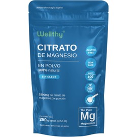 Wellthy Citrato de Magnesio en Polvo 250g. Equivalente a 417mg de Magnesio por Scoop, 100 Porciones por Envase, solamente un ingrediente, Scoop