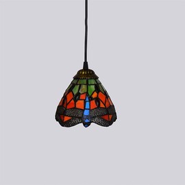 6 Inch Mini Pendant Lamp, Tiffany Style Red Dragonfly Stained Glass Lampshade Pendant Light 1-Light Ceiling Hanging Light Fixture for Corridor Aisle Cafe