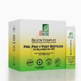 All Nature Billion Complex, Probióticos 10 Billones, Pre, Pro y Post Bióticos en Polvo, Sabor Limón, 60 Stickpacks de 2g, con Vitamina D3 y Zinc (60 s