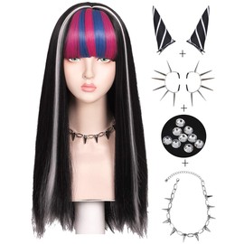 Peluca de 65 cm con clips para las orejas y collar con cuernos desmontables