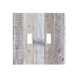 Kitchen Brown White Gray Grey Wood Wooden Plank Grain Decorative 2-Gang Decorator Outlet Light Switch Cover Old Distressed Vintage Rustic Country Style Double Toggle Electrical Switch Face Wall Plate