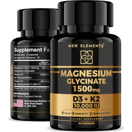 Magnesium Glycinate 1500mg with Vitamin D3 10,000 IU & K2 MK-7 – High Absorption Vegan Capsules for Muscle, Bone & Immune Support – 60 Count, Non-GMO & Gluten-Free