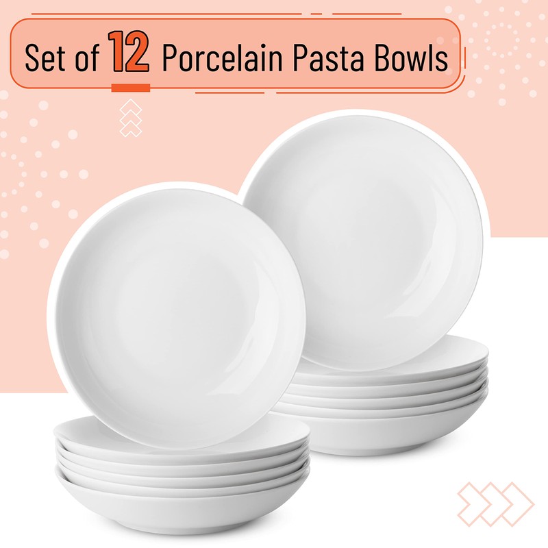 BTaT- Porcelain Pasta Bowls, 12 Pack, 8 Inch, White Large