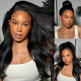 Julia Hair Bye Bye Knots Glueless Wig Yaki Human Hair Lace Wig Invisible Knots Put On and Go Pre Cut 7x5 Lace Front Wigs for Beginners Pre Bleached Pre Plucked No Glue150% Density 14 Inch