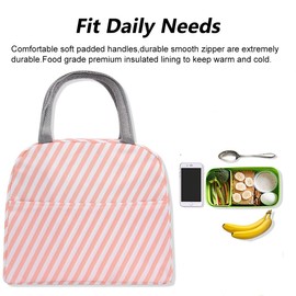 Insulated Lunch Tote Bag Cute Lunch Bag for Women work Lunch Box Cooler Bag Insulated Lunch Bags with Front Pocket, Pink Stripe