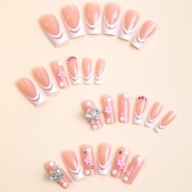 ANDGING French Tip Press on Nails White Medium Long Fake Nails Acrylic Glue on Nails with Butterfly Flower Design Women False Nails for Wedding Birthday Manicure Gel Stick on Nails with Glue ALK588