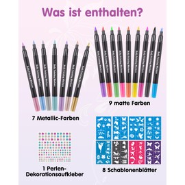 Lictin Temporary Tattoos, 16 Colours Tattoo Temporary Markers for Skin, Waterproof Tattoo for Adults and Children, Temporary Tattoo with Tattoo Stencils, Temporary Tattoo Body Markers