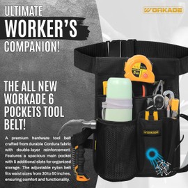 6-Pocket Single Side Tool Belt with Mess Bottle Holder Pouch/Work Apron for Carpenters and Builders, Durable Cordura D600 Construction, Adjustable Belt for Custom Fit