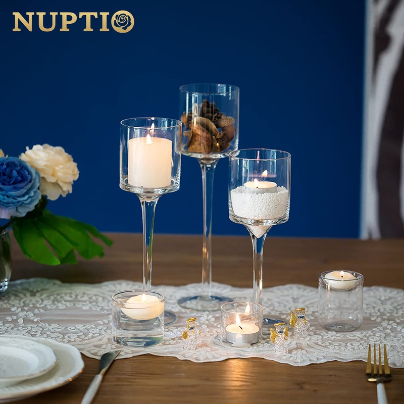 NUPTIO Tealight Candle Holders Glass: Set of 3 Long Stemmed