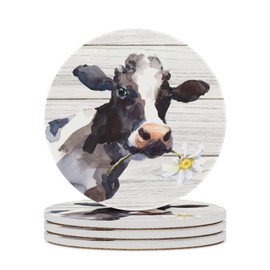 Mr.Tom Cow Coasters for Drinks, Set of 4, 4 Inch Absorbent Diatomite Ceramics Coasters with Cork Base, Tabletop Protection, Suitable for Dining Tables, Desks, Restaurants, Cafes