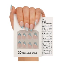 French Tip Press on Nails,DIY With 50 Rhinestones for Charming Women,Short Almond Nails With Super Strong Glue,Light Blue,15 Sizes,30 Nail Kit.