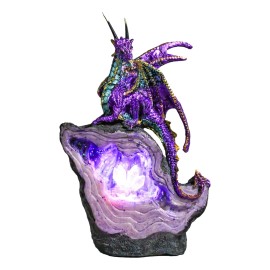Metallic Purple Midnight Dragon On LED Light Faux Geode Crystal Rock Figurine