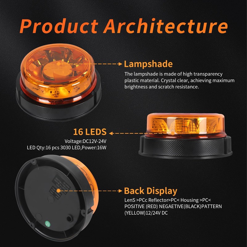 Yuanjoy 12-24V Yellow LED Flash Light for Trucks, 6 Flash