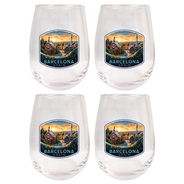 R and R Imports Barcelona Spain Design B Souvenir 15 oz Stemless Wine Glass 4-Pack