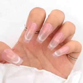 Sethexy French Long Coffin Pink False Nails Handmade Simple Shiny False Nails Glitter Acrylic Nails for Press-on Glitter Salon Quality Nail Art Removable for Women and Girls