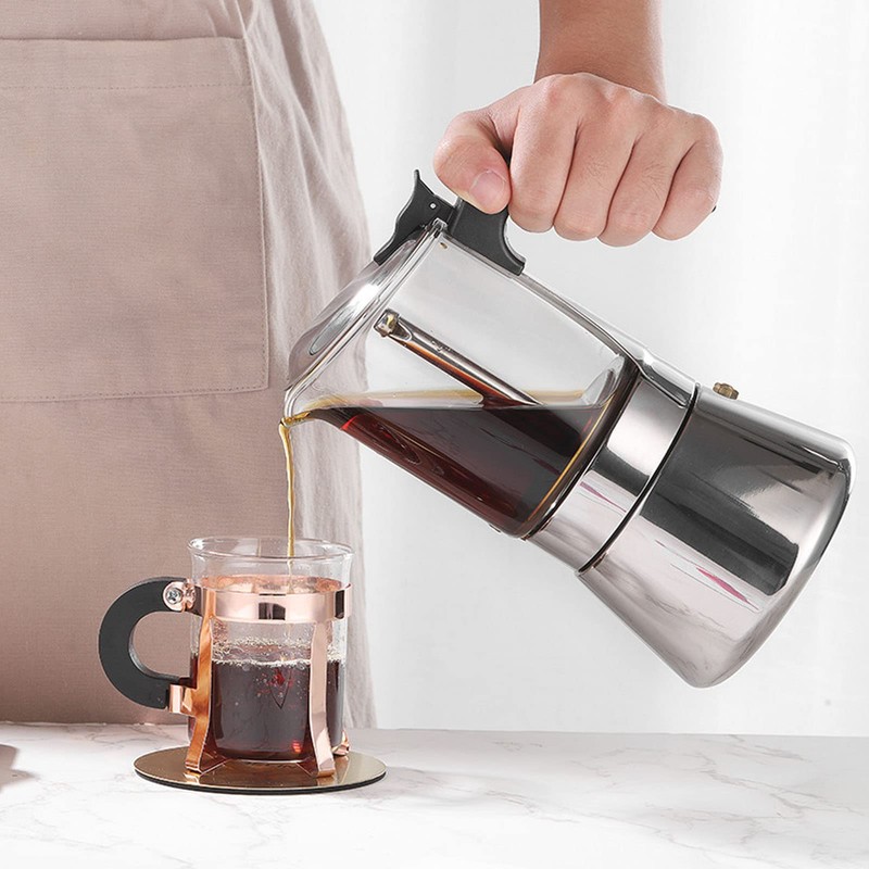 Stovetop Espresso Maker,Coffee Moka Pot,Crystal Glass Top Stainless Steel Stovetop