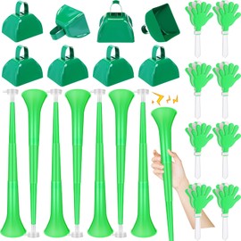Jenaai 24 Pcs Collapsible Stadium Horn Hand Clappers Metal Cowbells 24 Inch Vuvuzela Horn Plastic Trumpet Cheering Clappers Loud Call Bell for Sporting Events Graduation School Sports Party(Green)
