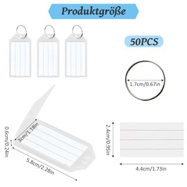 Idota Pack of 50 Key Fob Labels Transparent with Blank Labels Plastic with Stainless Steel Split Ring Key Labelling Pendant for Marking, transparent