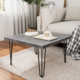 FLYJOE Rustic Wood Square Coffee Table with Metal Legs, Solid Elm Wood Top and Non-Slip Feet Pads - Farmhouse Style for Living Room, Grey