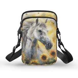 TSOVTHRID White Horse Yellow Sunflower Print Crossbody Shoulder Bag, 2 Layer Portable Travel Messenger Bags for Women