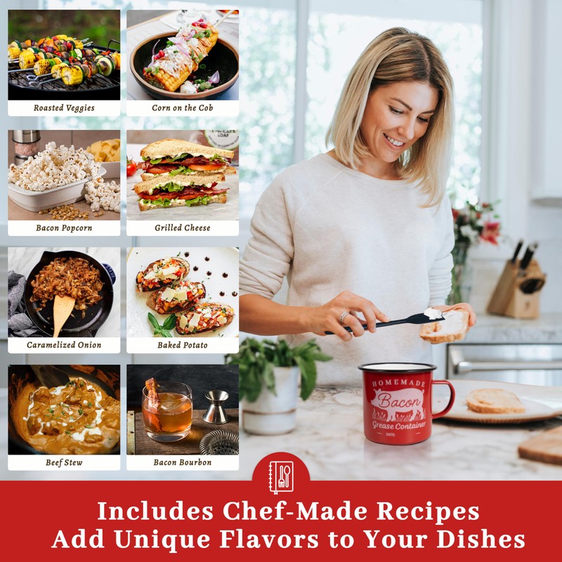 Bacon Grease Container with Strainer - With Food-Grade Silicone Spatula,