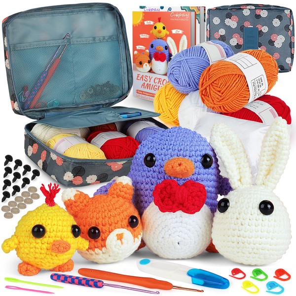 Coopay Crochet Set for Beginners, Complete Crochet Set with 4 Different Animal Crochet Patterns (Penguin/Rabbit/Chick/Fox), DIY Crochet Set with Crochet Bag and Instructions, Crochet for Beginners