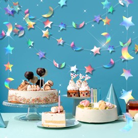 Iridescent Moon Star Garland Streamer Twinkle Twinkle Little Star Garlands Iridescent Party Decorations Holographic Party Decorations for Kids Birthday Baby Shower Wedding Decorations