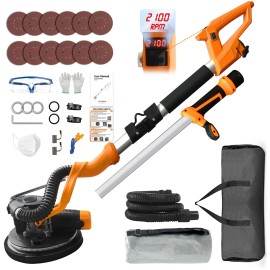 POPBULL Electric Drywall Sander 1050W W/ Vacuum, LCD Digital Display 12pcs Sanding Discs