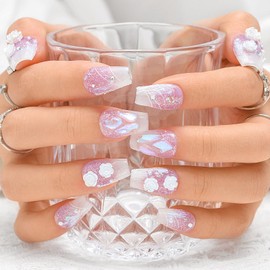 Sethexy Purple Rhinestone Medium Coffin False Nail 3D Flowers Handmade False Nails Glitter Pearl False Nails Salon Durable Quality Press on Nails Plaster Designed for Women and Girls (P)