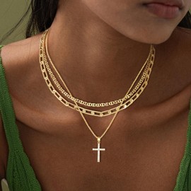 Yatumery Cross Necklace for Women,Stackable Stacked Stacking Layering Layered Necklaces Dainty Gold Necklace Paperclip Box Flat Mariner Chain Necklace Cross Pendant CZ Diamond Simple Jewelry Gift