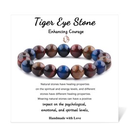 RUIQLXHANG Natural Gemstone Bracelet 10mm Pink Chalcedony Bracelets Gemstone Beads Bracelets Healing Bracelets for Women Men and Teens Comes with Bonus Box and Card (Tiger Eye Stone)