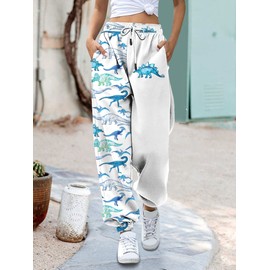 RMCMS Womens Cute Dinosaur Graphic Prime Cinch Bottom Sweatpants High Waist Lounge Joggers Pants with Pockets Blue