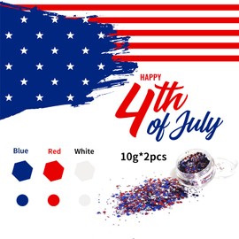 Red White Blue Mixed Holographic Chunky Glitter with Gel, 20g (2 Jars x 10g) Crafts Glitter Powder, USA Patriotic Flakes Iridescent Nail Sequins Face Eye Glitter Tumblers, 4th of July Decorations