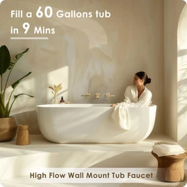 HOIGY Wall Mount Tub Faucet, High Flow Solid Brass Brushed Gold Bathtub Faucet, 2 Handles Tub Filler with 8" Spout Reach, Rough-in Valve Included