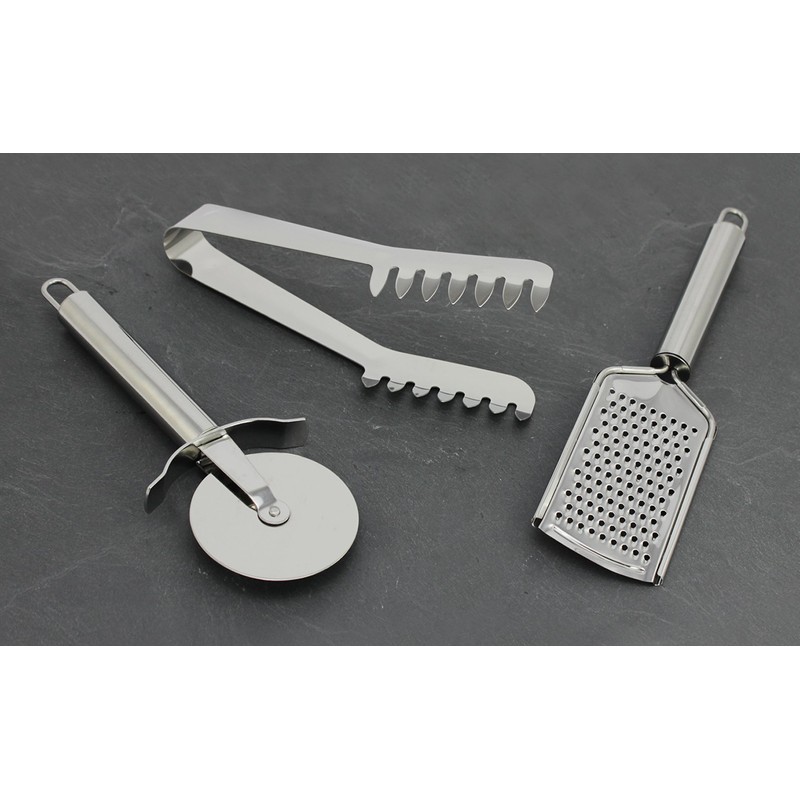 com-four® 3-Piece Pizza and Pasta Set, Stainless Steel, Serving Tongs,