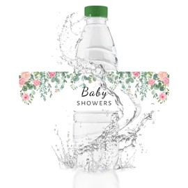 URROMA Baby Shower Water Bottle Labels, 50Pcs Waterproof Drink Wrappers Green Leaf and Pink Flower Bottle Stickers for Baby Shower Party Decor