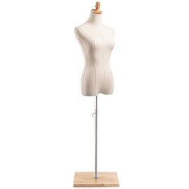 Female Display Dress Form Mannequin in Natural Canvas on Modern Wood Flat Square Base by TSC (Natural, Medium)