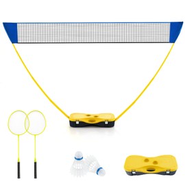 GYMAX Badminton Set, Portable All-In-One Volleyball Net Set with 2 Badminton Rackets, 2 Birdies, Storage Base & Poles, Folding Sports Net Set for Kids Team Game, Indoor & Outdoor Backyard, Beach, Lawn