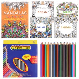 RtottiM 5 Adult Colouring Books and 24 Colouring Pencils Set, Relax and Relieve Stress, Relieve Anxiety, Mandala Garden and Forest, Ocean, Garden, Exploration Theme