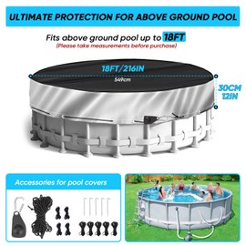 NEVERLAND Winter Pool Cover 18FT Round - Heavy-Duty 420D Oxford Above Ground Swimming Pool Cover, Debris-Proof, Cold-Resistant & UV-Resistant with Upgraded Adjustable Tensioner, Black/Sliver