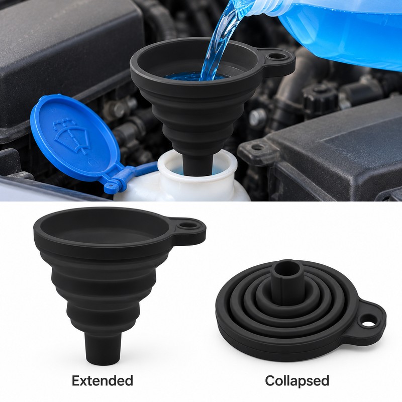Collapsible Silicone Funnel for Car Fluid Refills – Black Foldable
