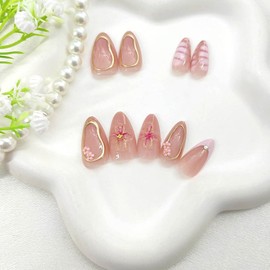 Almond Press on Nails Medium Fake Nails French Tip with Flower Rhinestones Pearls Lines Irregular Pattern Designs Golden Glitter Glue on Nails Light Pink Stick on Nails for Girls 24 Pcs