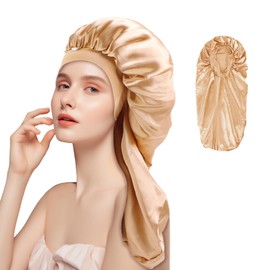 Adorila Long Satin Bonnet for Women, Double Layer Silk Bonnet with Stretchy Band, Sleeping Cap with Button for Braids Curly Hair (Gold)