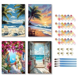 YULIDECO Paint by Numbers for Adults Beginners,Paint by Numbers Seaside 4-Piece Set，DIY Beach Acrylic Painting on Canvas for Home Wall Art Decor （12x16Inch）