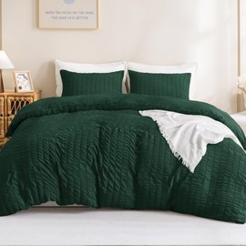Litanika Dark Emerald Green Full Comforter Set, 3 Pieces Boho Vintage Seersucker Forest Bedding Set, All Season Fluffy Bed Set (79x90In Comforter & 2 Pillowcases)