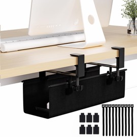 Under Desk Cable Management Tray 15.7" - No Drill Computer Wire Organizer Cable Tray, Fabric Cord Hider Clamp Mount, with 16X Cable Ties PC Cables Management Cord Holder for Office/Home (Black)