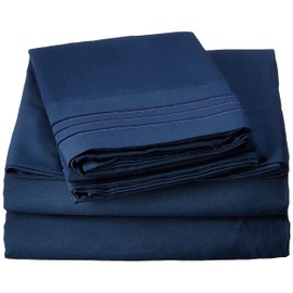 CELINE LINEN 1800 Series Hotel Quality Super Soft Wrinkle Resistant & Fade Resistant Beautiful Design on Pillowcases 4-Piece Sheet Set, Deep Pocket Up to 16inch, Queen Navy