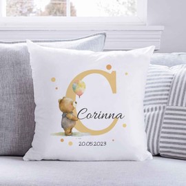 GRAVURZEILE Personalisiertes Deko Kissen mit Tiermotiv und Initiale - Personalisiert mit Name & Datum - 40x40 cm - Mit Füllung - Personalisierte Geschenke für Weihnachten und Geburtstag - Bär
