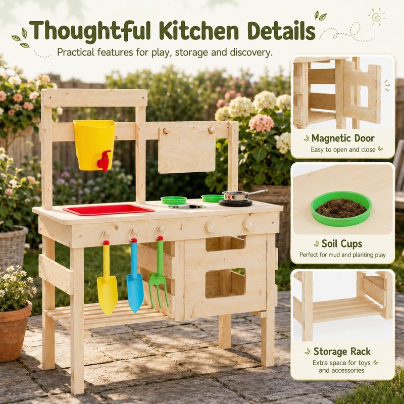Wooden Outdoor Mud Kitchen for Kids, Waterproof Solid Wood Play